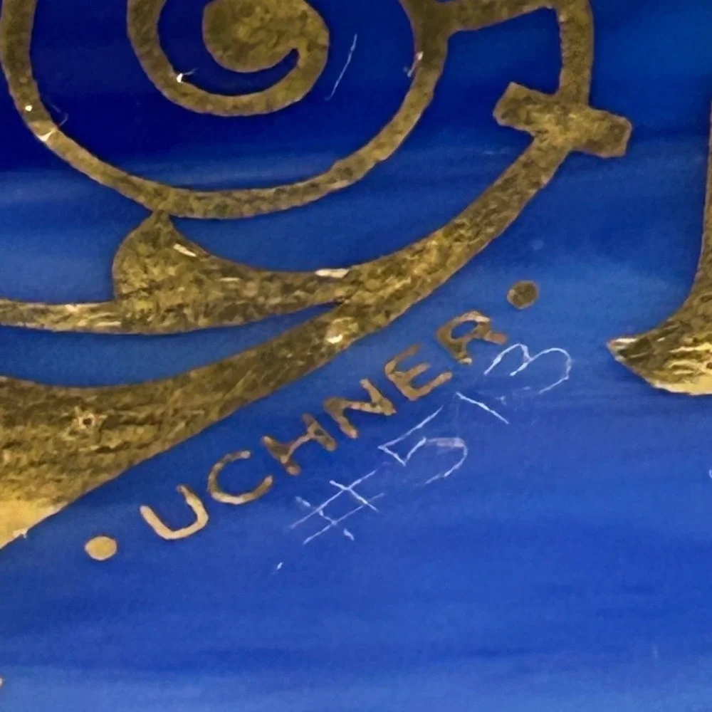 Uchner 513 Blue Slag Glass Decorative‎ Plate Gold Filigree Monogram Round 11.5in